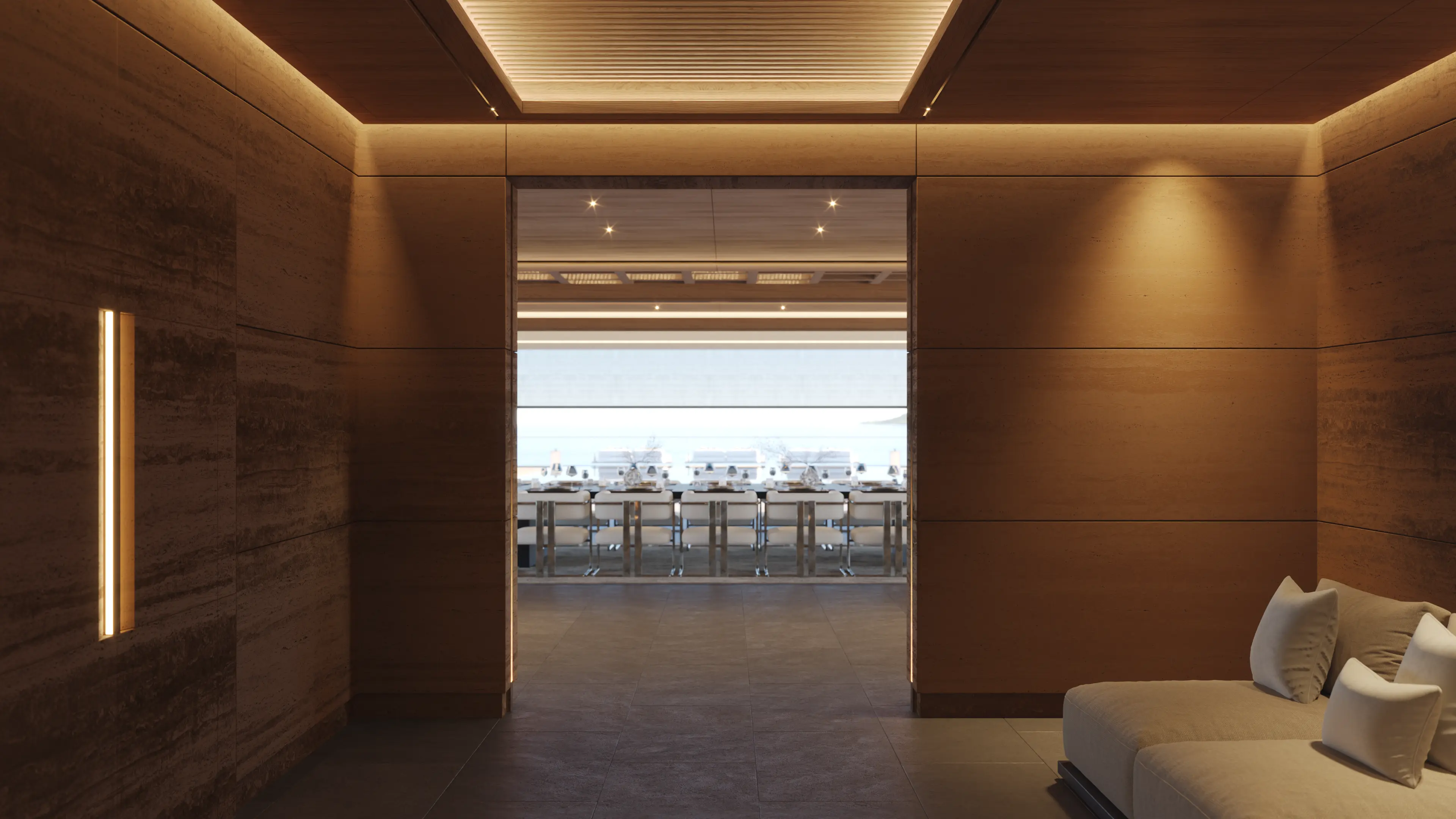 Sinot FUSION concept yacht upper-deck dining lounge and glass-bottom pool