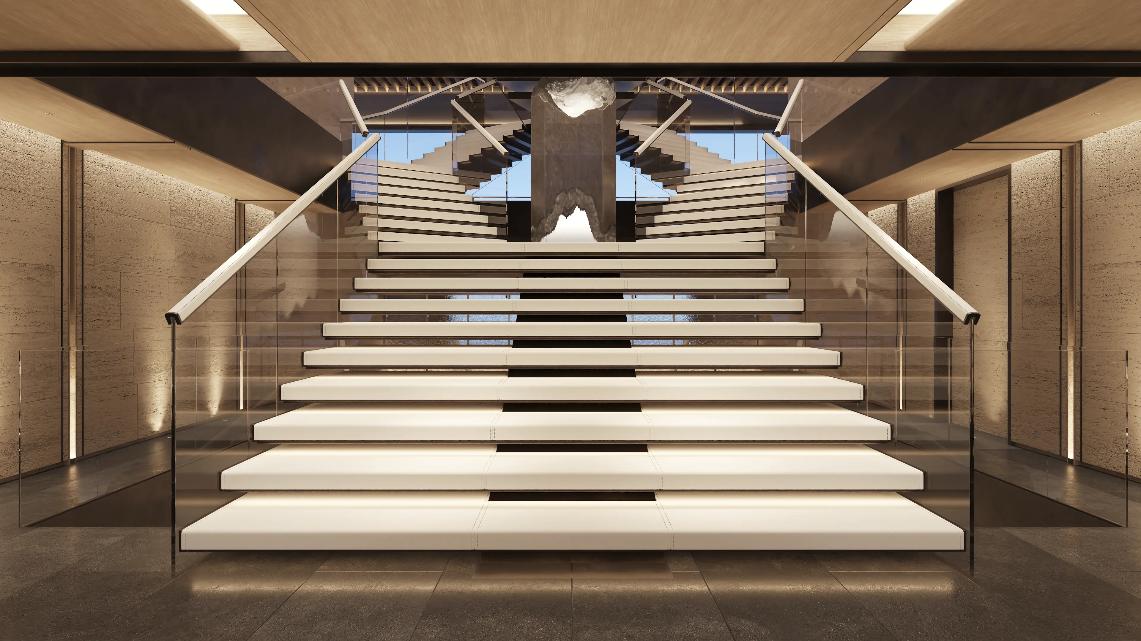 Illuminated glass and stone staircase lobby aboard the Sinot FUSION yacht concept
